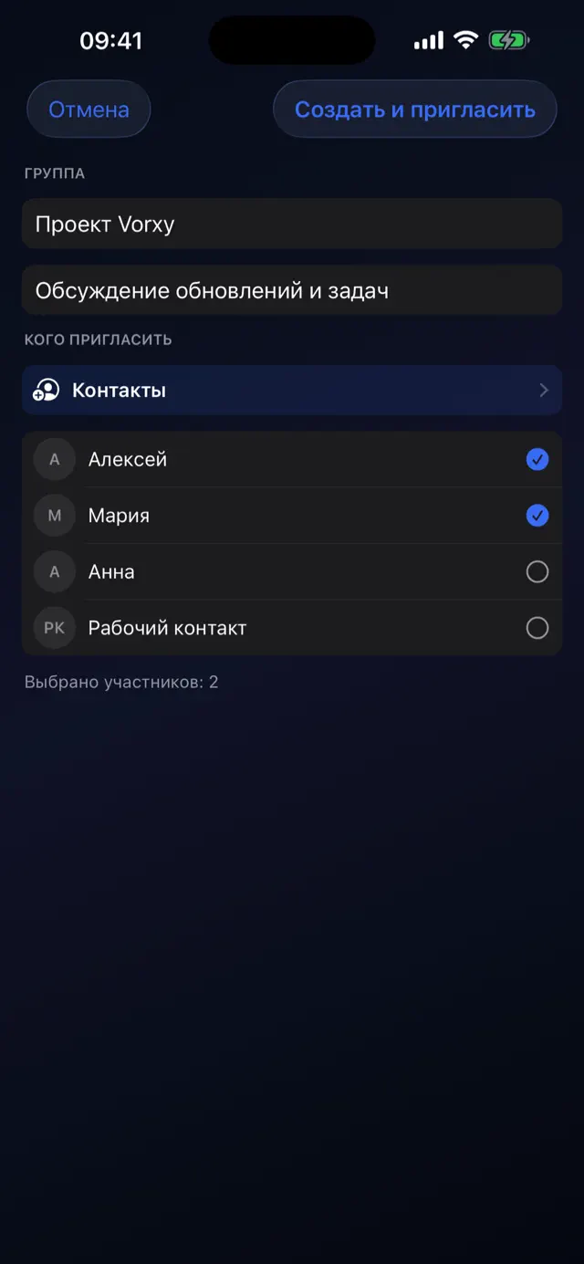 Создание группы и выбор участников в Vorxy на iPhone